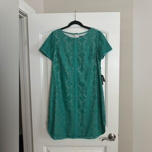 NWT Adrianna Papell lace overlay dress - green/teal and cream, size 12